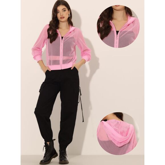 Hoodie Jacket Zip Up Long Sleeve Mesh Sheer Bomber Jackets Pink - Picture 2 of 5
